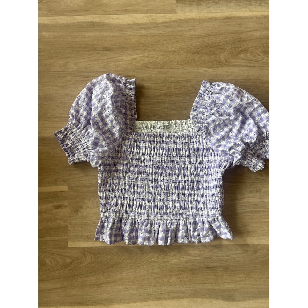 English Factory Lavender Gingham Floral Eyelet Smocked Puff Sleeve Top Medium